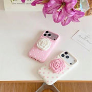 3D Rose Flower iPhone Case with Crossbody Lanyard Strap – Polka Dot Design from 13 to 18 Pro Max