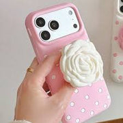 3D Rose Flower iPhone Case with Crossbody Lanyard Strap – Polka Dot Design from 13 to 18 Pro Max