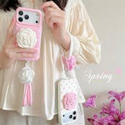 3D Rose Flower iPhone Case with Crossbody Lanyard Strap – Polka Dot Design from 13 to 18 Pro Max