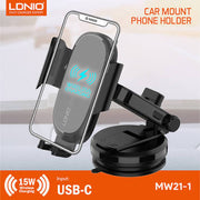 LDNIO MW21-1 15W Wireless Car Charger Phone Holder - suction cup mount side view