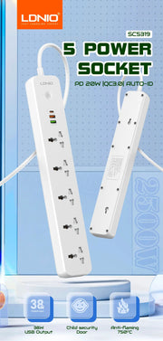 LDNIO SC5319 Multi Socket Extension Lead with 5 AC 3 USB Power Socket Plug Extender 2M - image 2