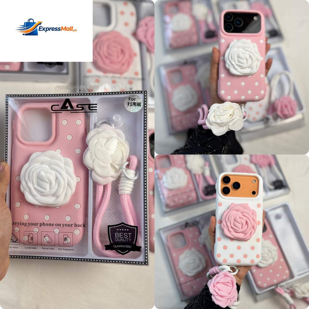 3D Rose Flower iPhone Case with Crossbody Lanyard Strap – Polka Dot Design from 13 to 18 Pro Max