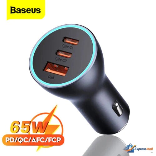 Baseus 65W Golden Contactor Pro Triple Fast Charging Car Charger USB + Dual Type C Port - Dark Gray